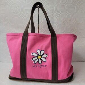 Life is Good Pink Canvas Daisy Tote Bag Everyday Carryall 16X12